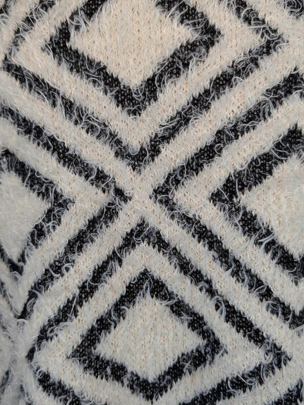 August Silk White & Black Eyelash Knit Diamond Pattern Fuzzy Long Cardigan - Picture 2 of 8
